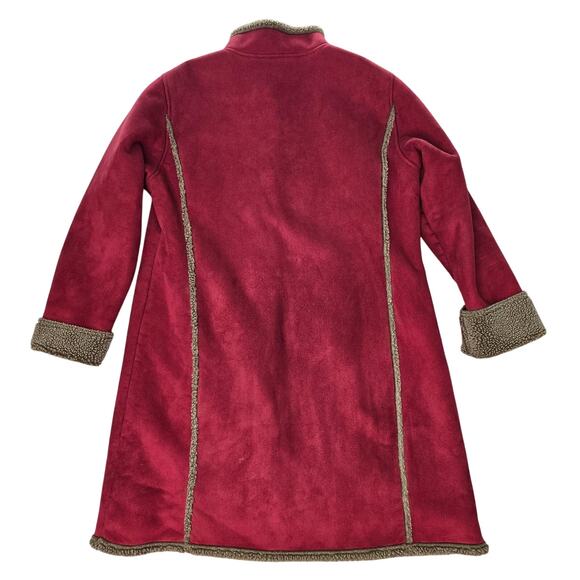 LL Bean Coat Womens XL Red Tan Faux Suede Sherpa Lined Button Long Bohemian Boho - Picture 2 of 11
